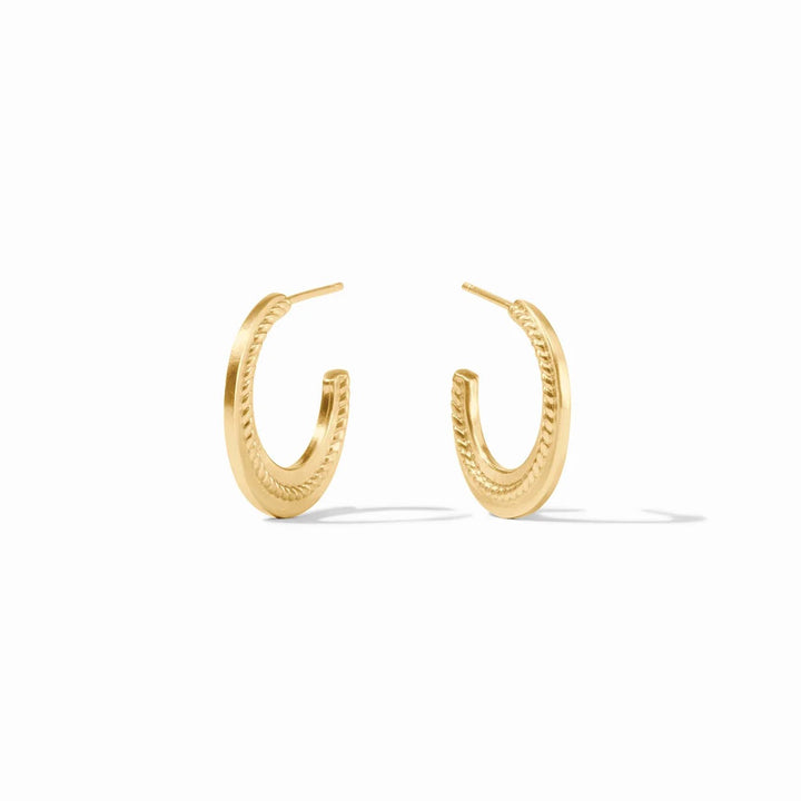 Julie Vos Nassau Crescent Hoop earrings, gold-toned crescent-shaped jewelry accessory with intricate detailing.