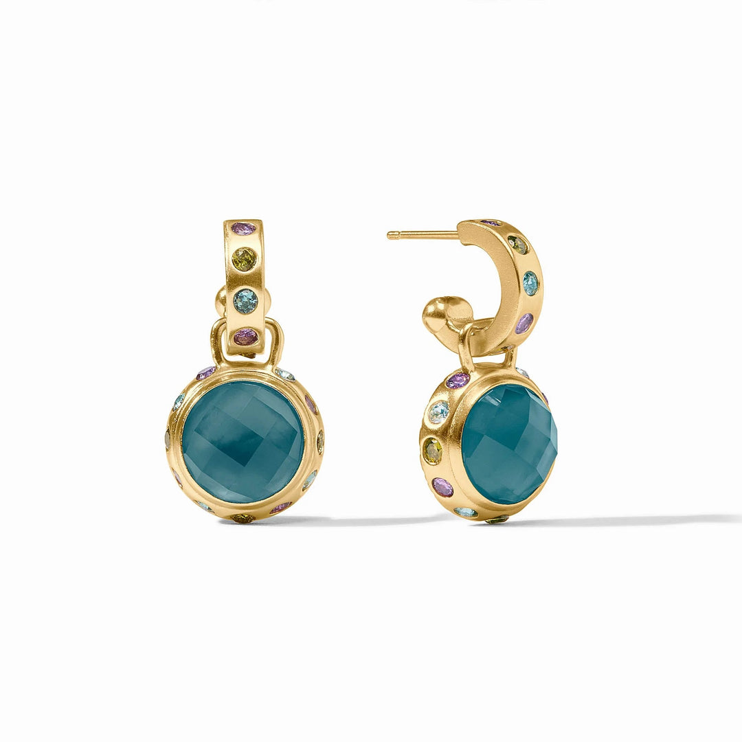 Rainbow hoop and charm earrings by Julie Vos featuring colorful, lightweight accessories with intricate metal detailing.