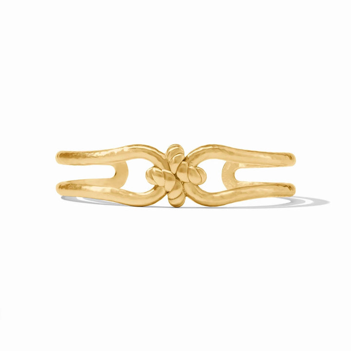 Julie Vos Nassau Cuff bracelet featuring elegant gold-tone metal and intricate design, worn on a wrist with jewelry.