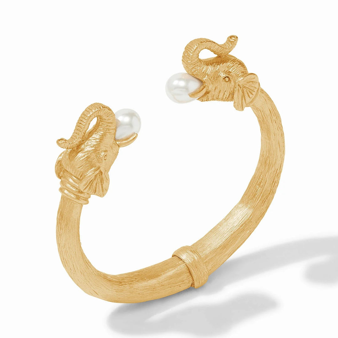 Gold elephant cuff bracelet by Julie Vos featuring detailed elephant design, stylish accessories for elegant wear.