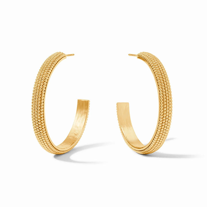 Julie Vos beaded eternity hoop earrings featuring intricate beadwork and a polished gold finish, perfect for elegant accessories.