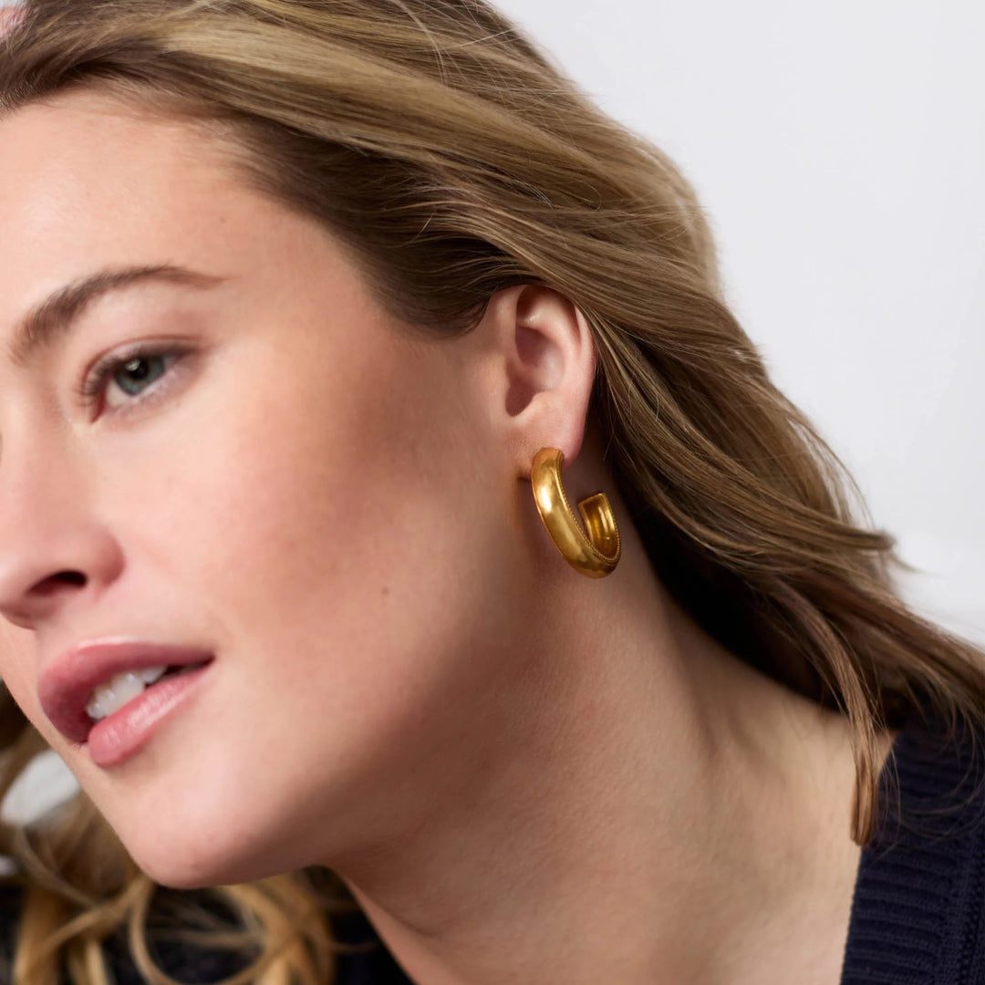 Julie Vos Cannes Hoop Earrings, gold-tone accessories with large circular hoops, stylish and elegant jewelry.