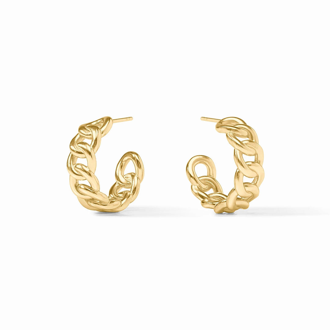 Julie Vos Dolce Hoop earrings, gold-toned accessories with a sleek, minimalist design, shown on a plain background.