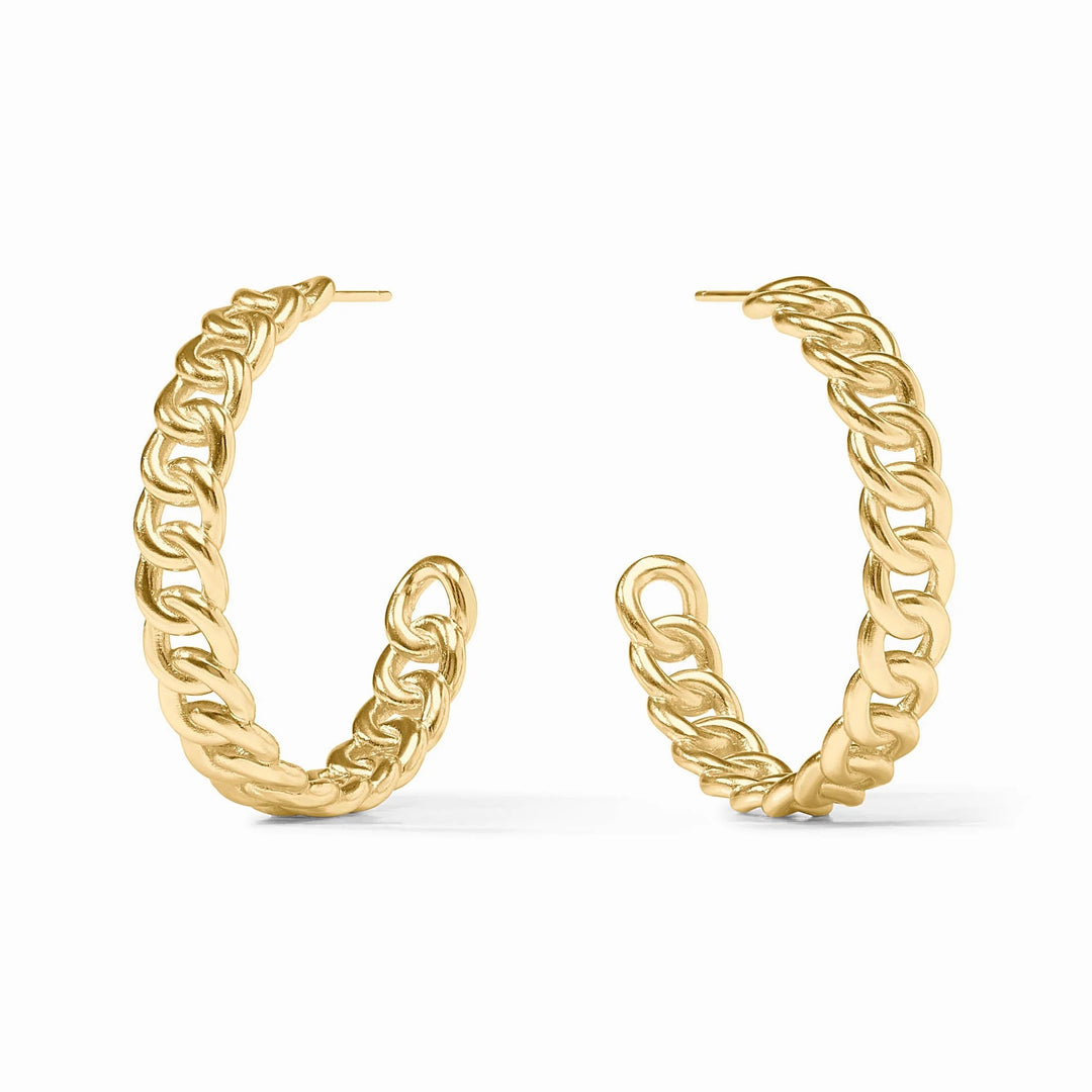 Julie Vos Dolce Hoop earrings, gold-toned accessories with sleek, minimalist hoop design, close-up view of the jewelry.