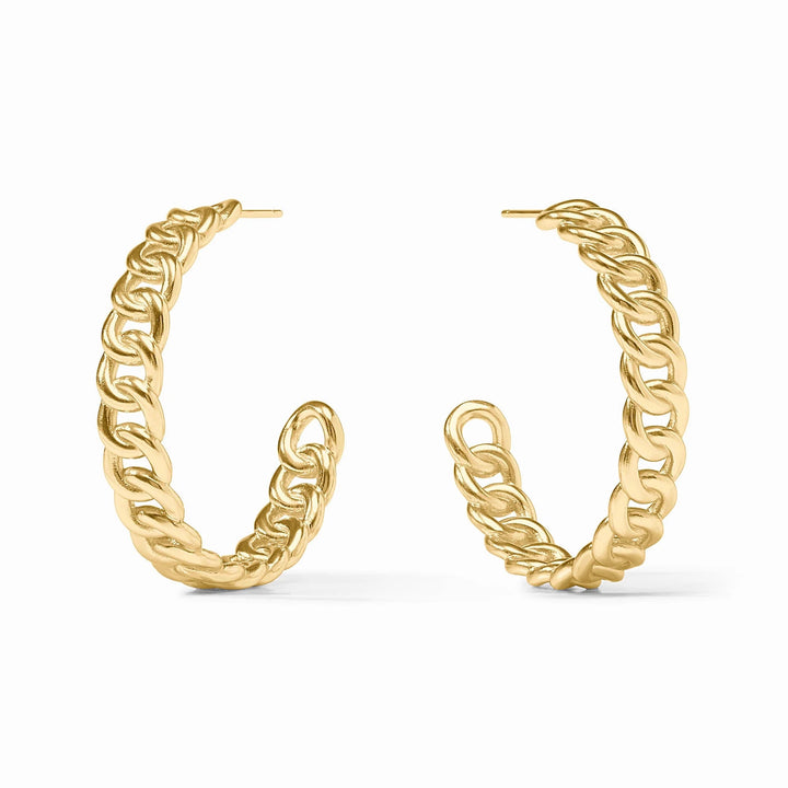 Julie Vos Dolce Hoop earrings, gold-toned accessories with sleek, minimalist hoop design, close-up view of the jewelry.