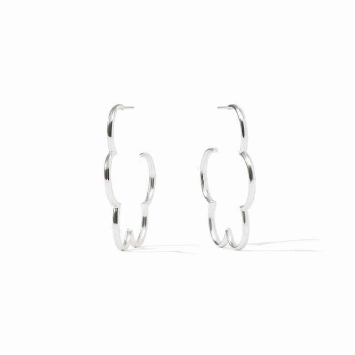 Silver Gardenia Hoop earrings by Julie Vos featuring delicate floral design and polished finish.