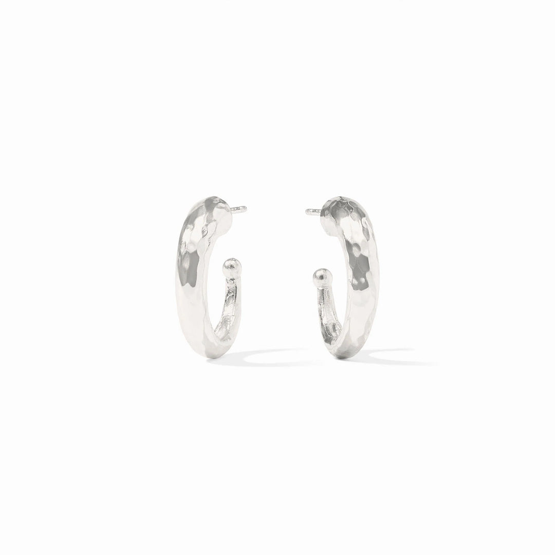 Silver hammered hoop earrings from Julie Vos, showcasing a textured, round design in sterling silver jewelry accessories.