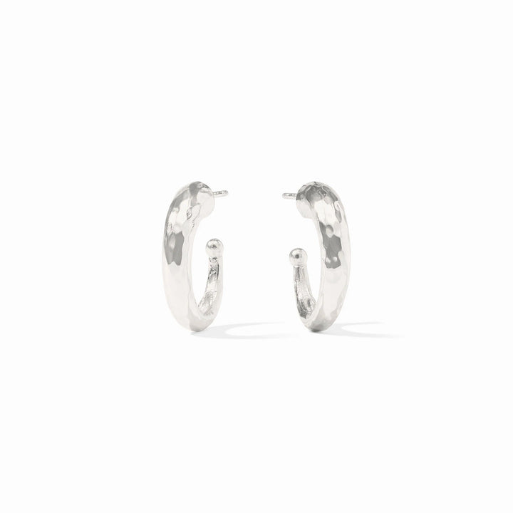 Silver hammered hoop earrings from Julie Vos, showcasing a textured, round design in sterling silver jewelry accessories.