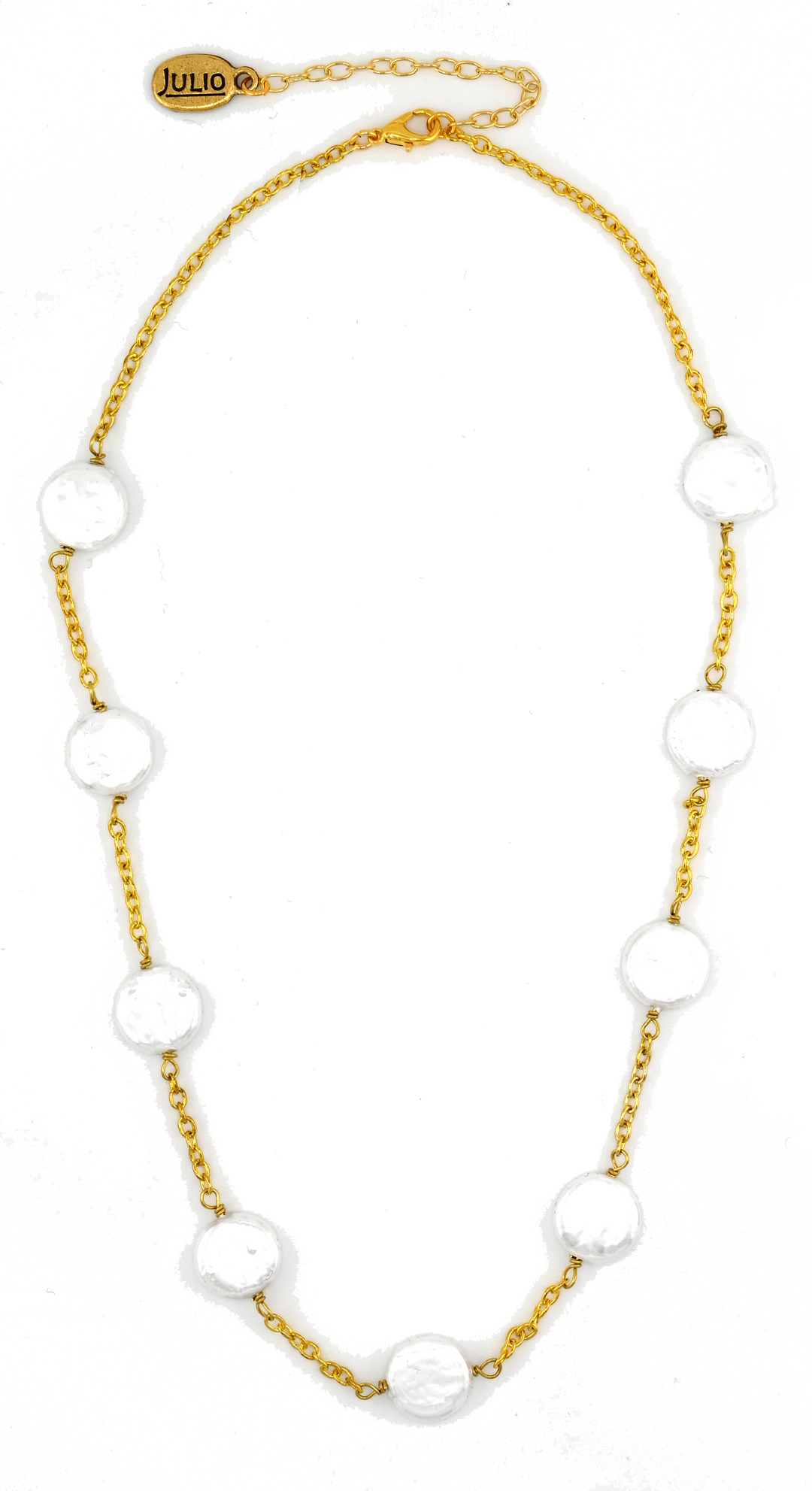 Julio Designs Concord Coin Pearl Necklace with silver chain and coin-shaped pearls, elegant accessories for stylish outfits.