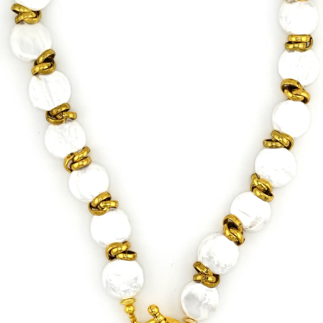 Julio Designs coin pearl and spacer necklace featuring elegant pearls and metallic spacers on a delicate chain.