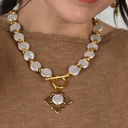 Silver coin pearl and spacer necklace by Julio Designs, featuring elegant pearls and metallic spacers on a delicate chain.