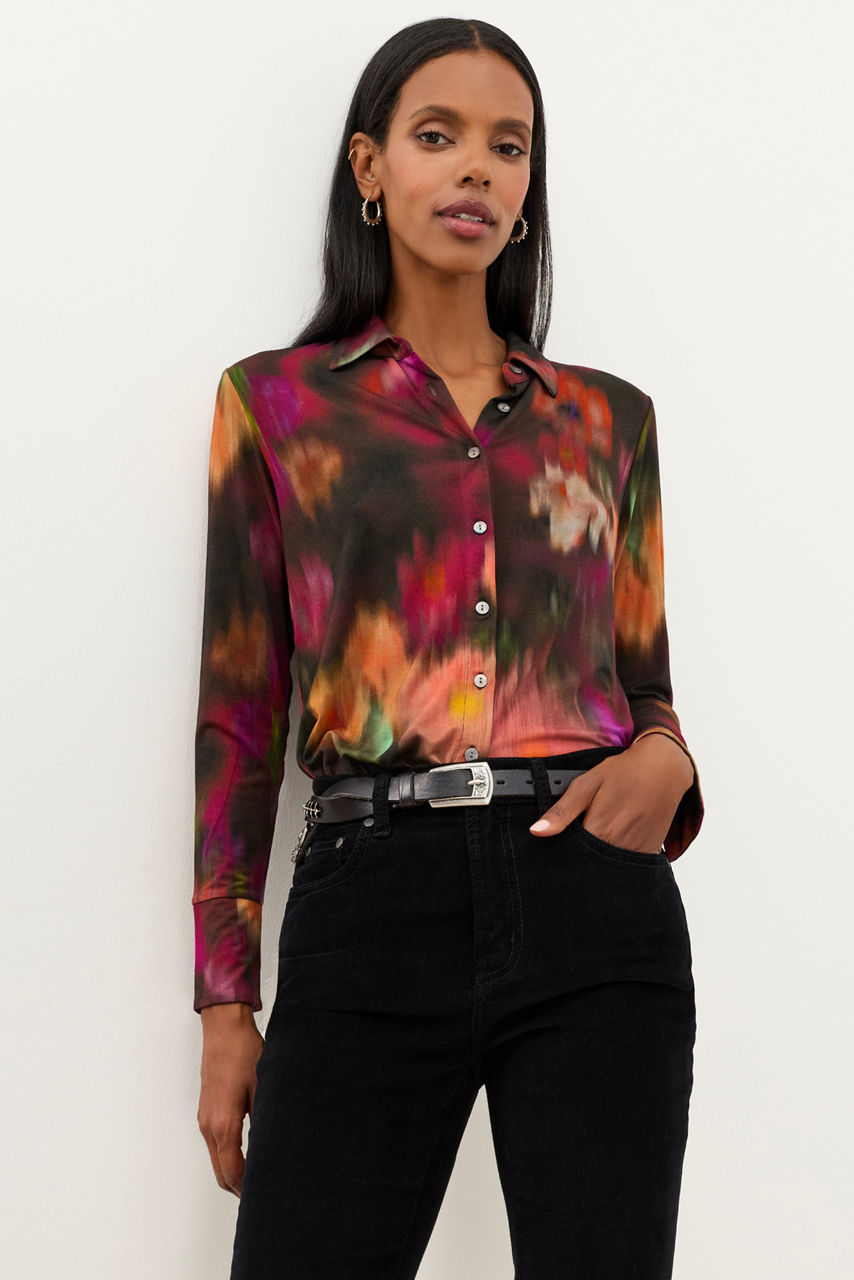 Johnny Was Janie Florenda button shirt in dark floral print with long sleeves and front buttons