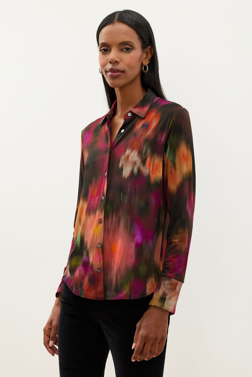 Johnny Was Janie Florenda Button Shirt in dark floral print with button front and long sleeves