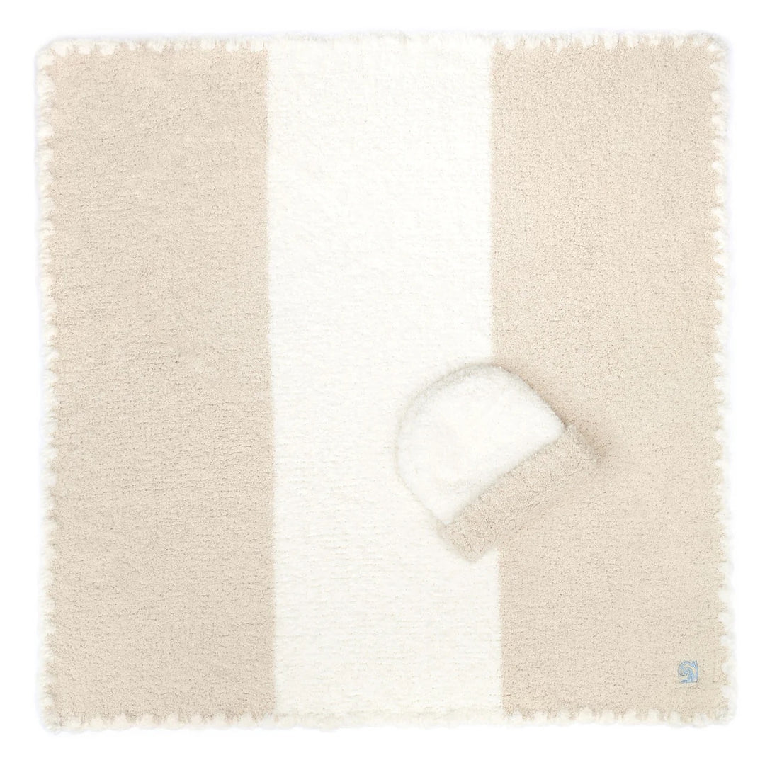 Kashwere striped baby blanket and matching hat set, soft and cozy for infants, featuring colorful striped design on plush fabric.