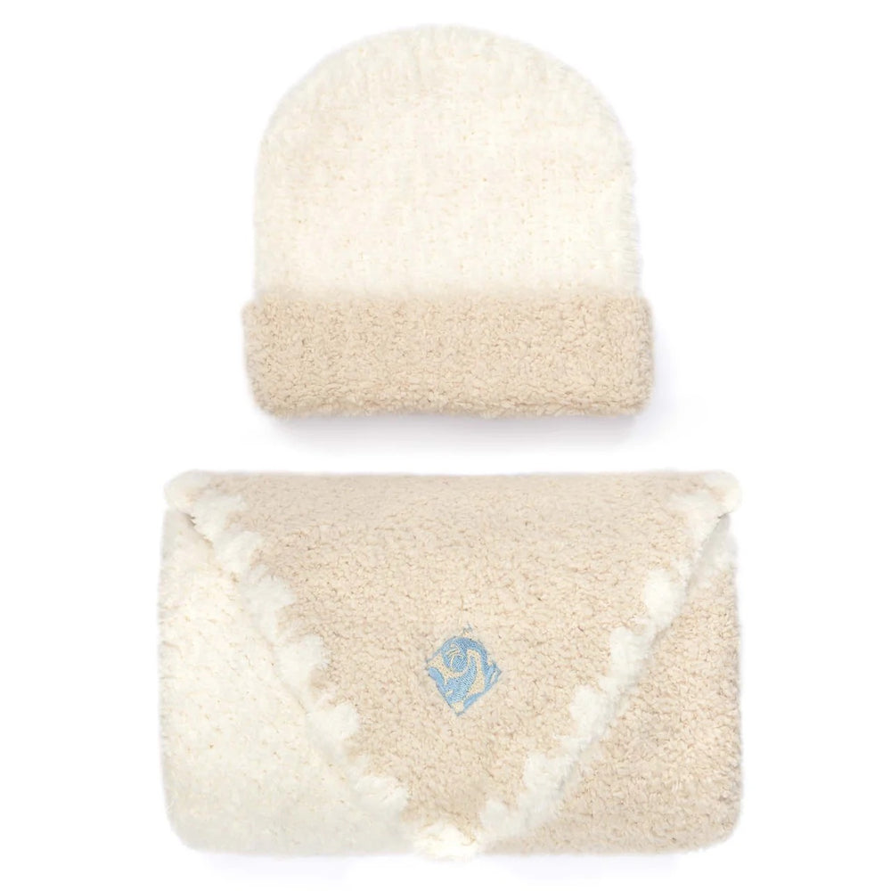 Kashwere striped baby blanket and matching hat set featuring soft fabric in colorful stripe pattern for cozy warmth.