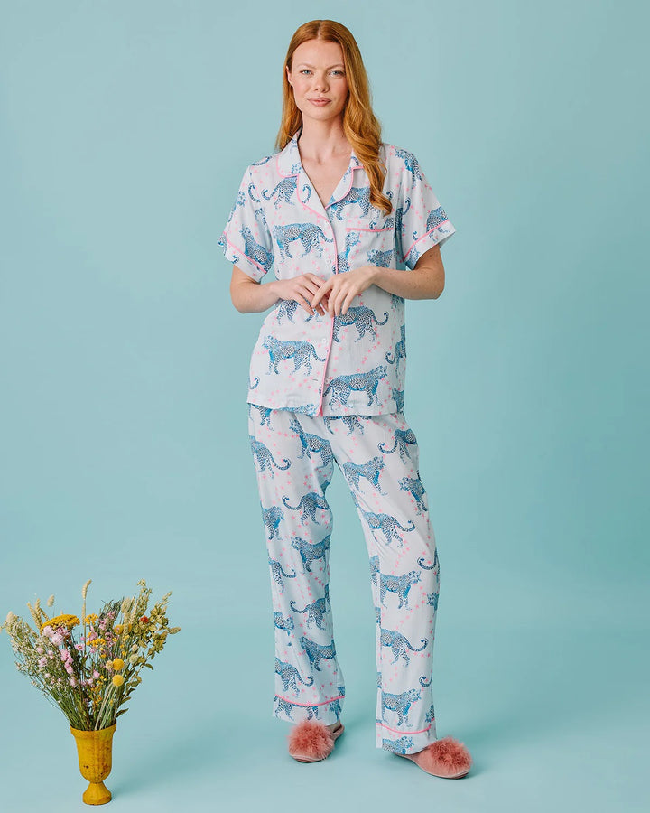 Katie Kime cheetah pajama pant set with cozy, patterned fabric perfect for lounging and sleepwear.