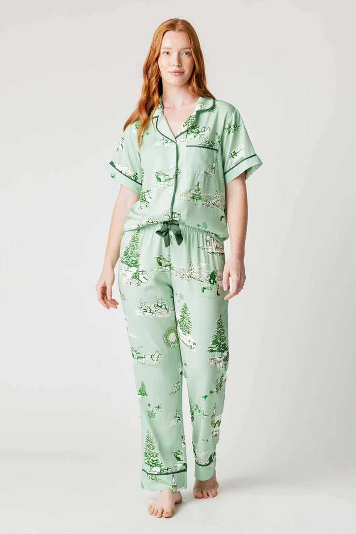 Katie Kime toile pajama set with matching accessories, featuring a classic pattern and comfortable fabric for relaxing sleepwear.