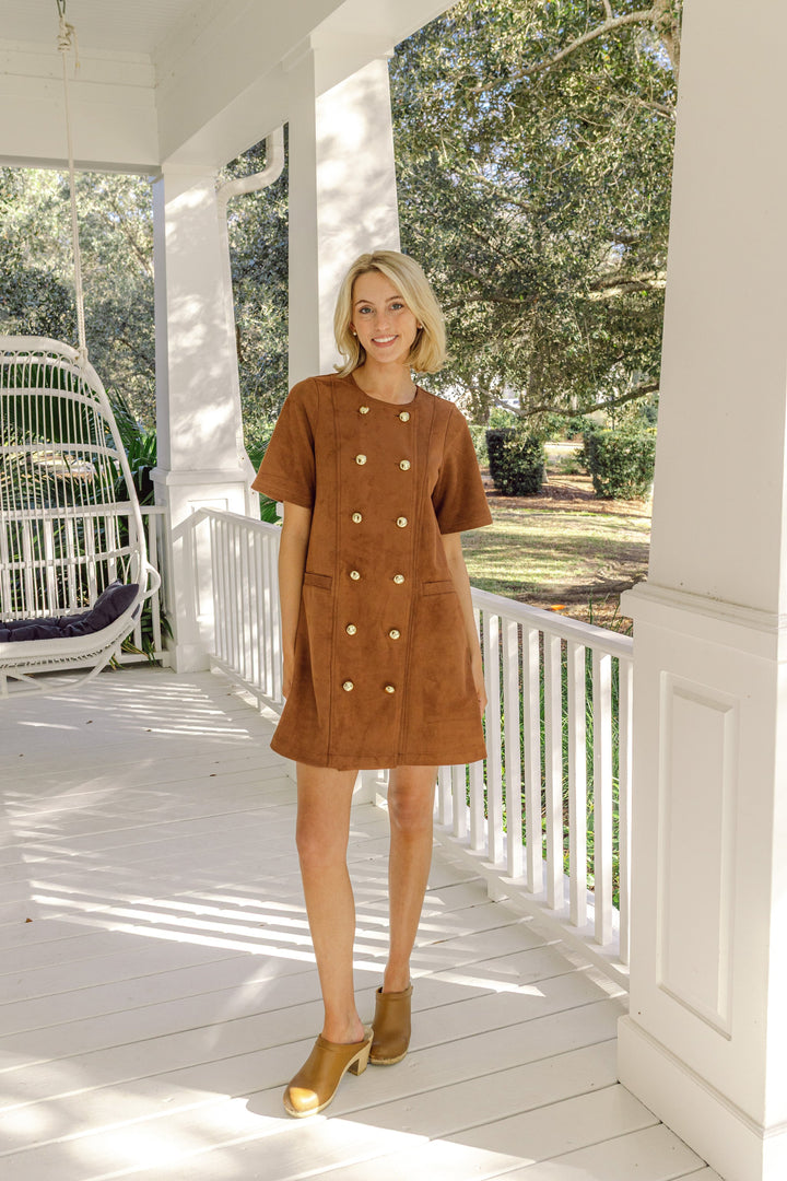 Camel suede button dress by Sail to Sable, featuring a fitted silhouette and stylish button details.