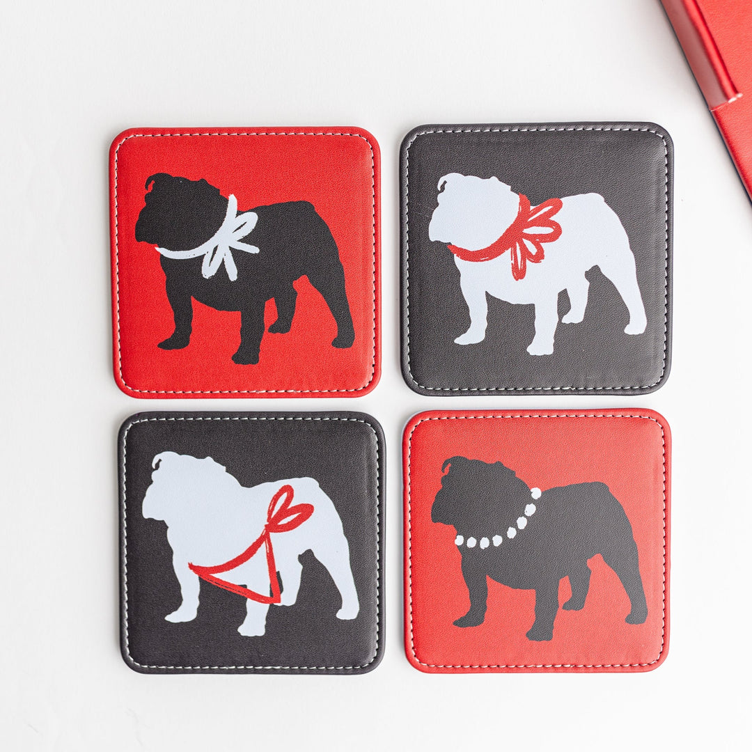 Set of four colorful Keva Style home coasters with vibrant patterns, perfect for protecting surfaces and adding style.