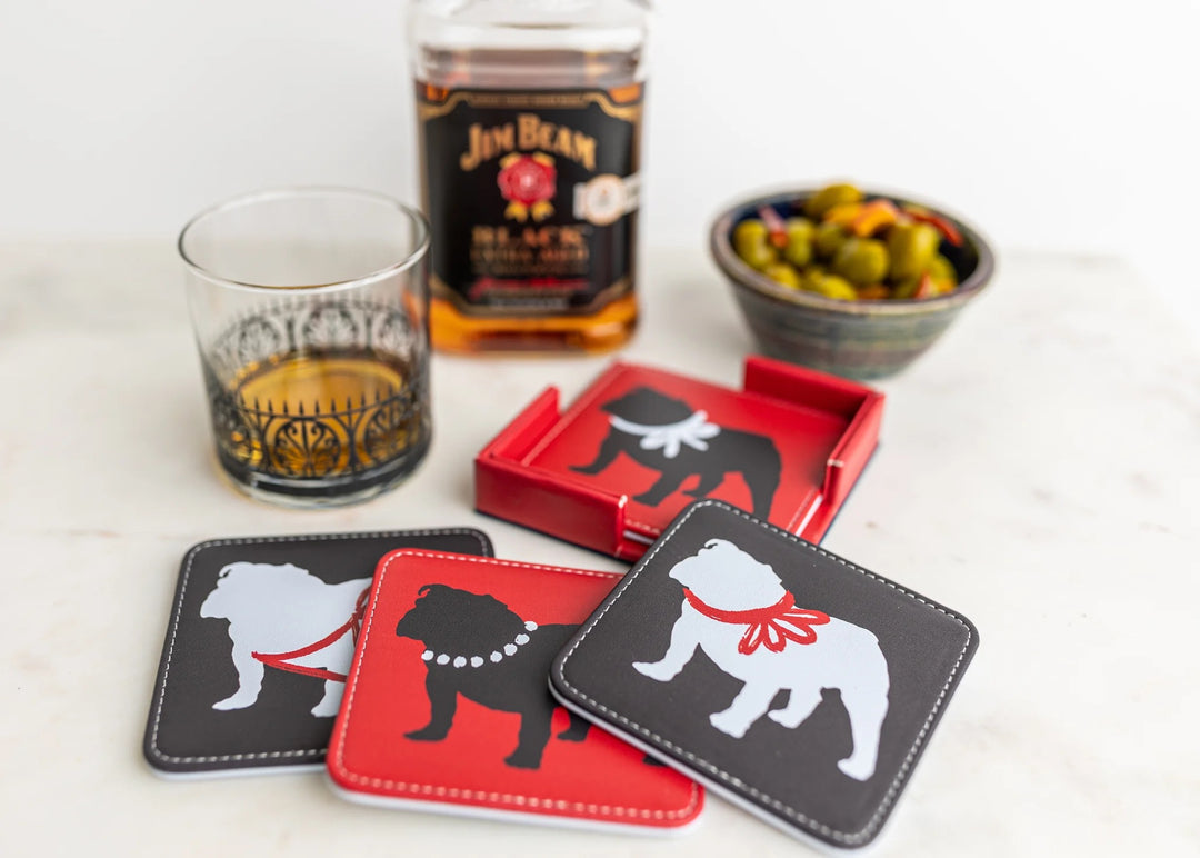 Set of four colorful Keva Style home coasters with vibrant patterns for protecting surfaces and adding decorative flair.