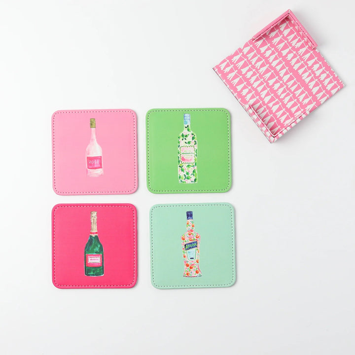 Set of four colorful Keva Style home coasters with vibrant patterns, perfect for protecting surfaces and adding a pop of color.
