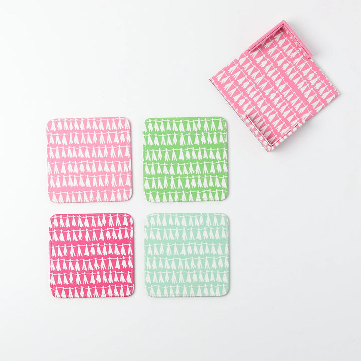 Set of four colorful Keva Style home coasters with vibrant patterns, ideal for protecting surfaces and adding a decorative touch.