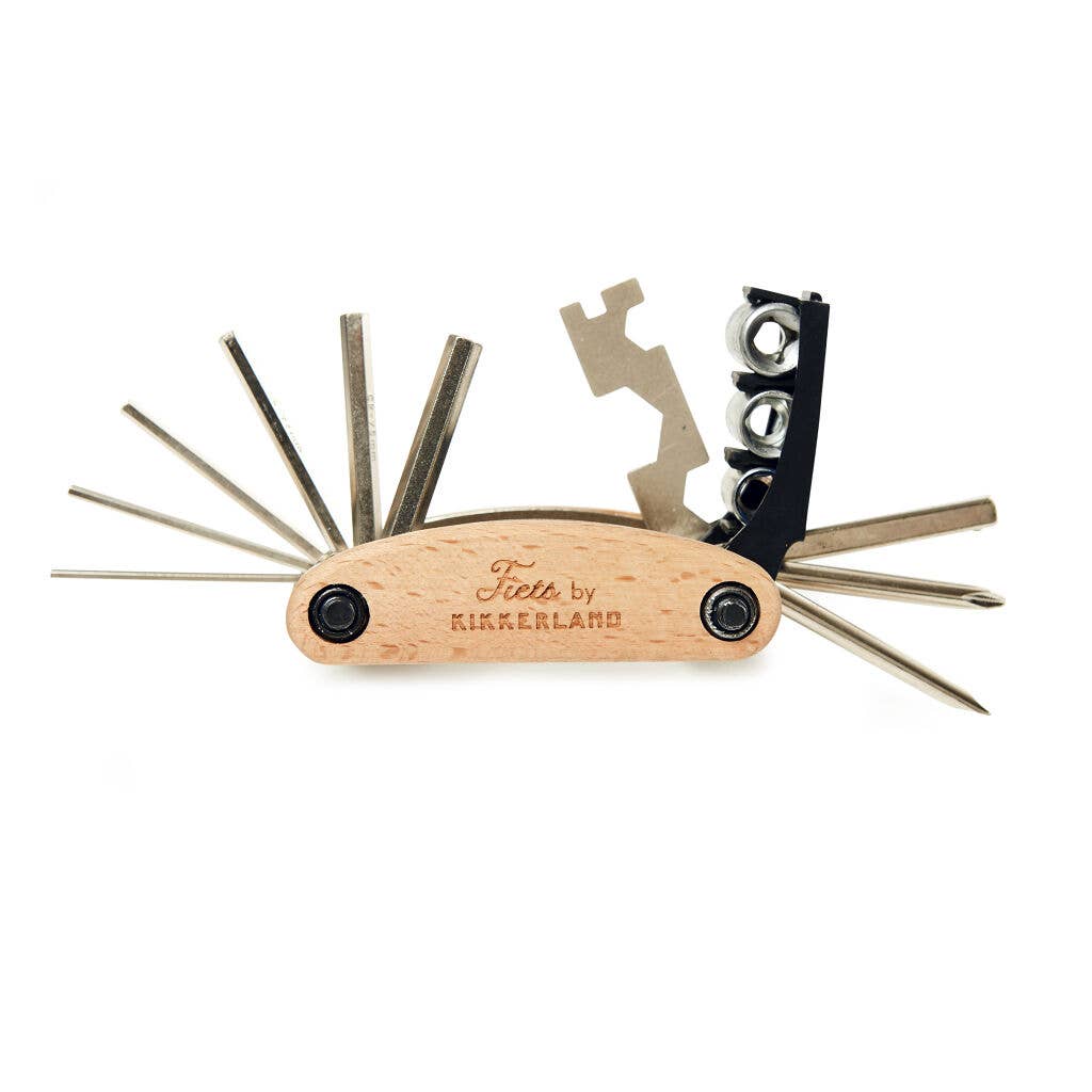 Kikkerland Design Inc 16-in-1 bike tool showing various metal tools and compact design for cycling repairs and maintenance.