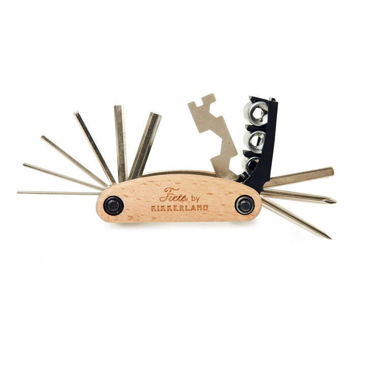 Kikkerland Design Inc 16-in-1 bike tool showing various metal tools and compact design for cycling repairs and maintenance.