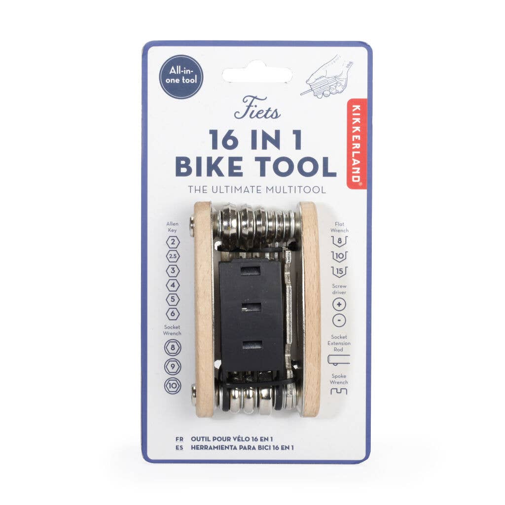 Kikkerland Design Inc 16-in-1 bike multi-tool with various screwdrivers and wrenches, ideal for bike repairs and maintenance.