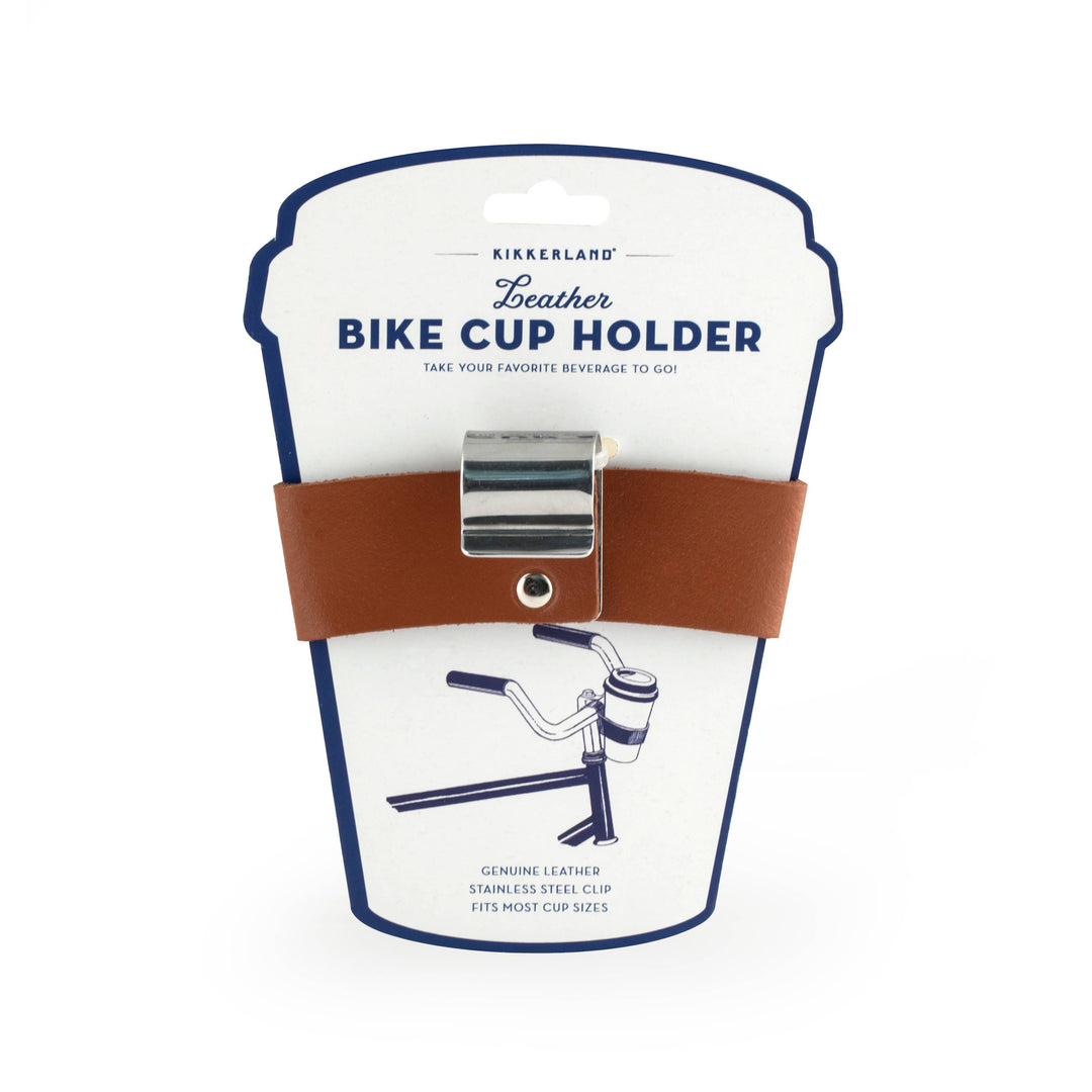 Leather bike cup holder from Kikkerland Design Inc, showing a close-up of the stylish, durable leather accessory mounted on a bicycle.