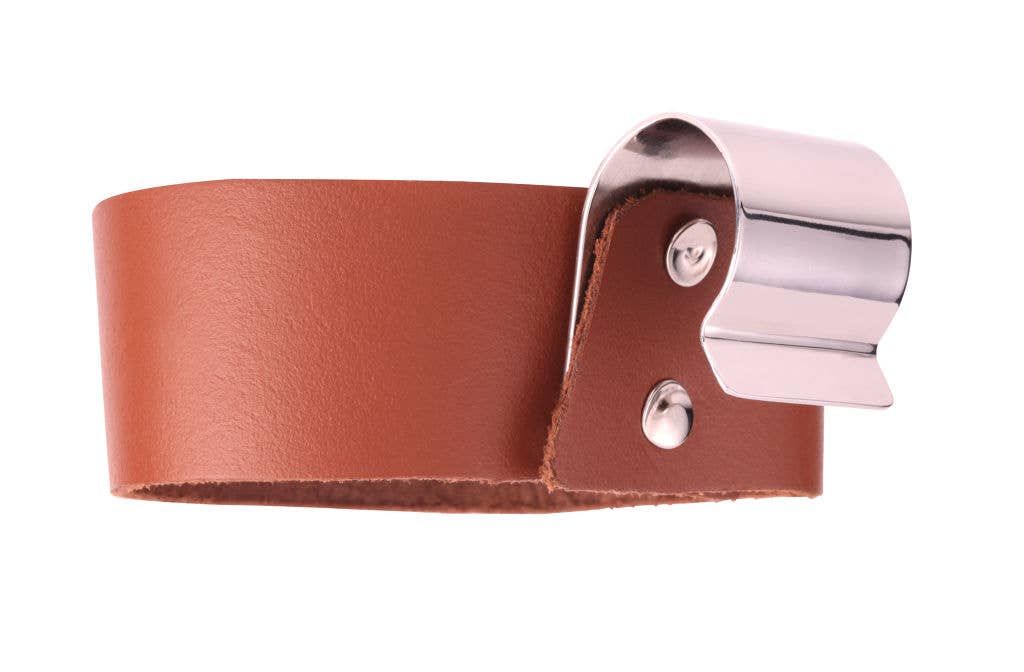 Leather bike cup holder by Kikkerland Design Inc, shown attached to a bicycle frame holding a travel mug.