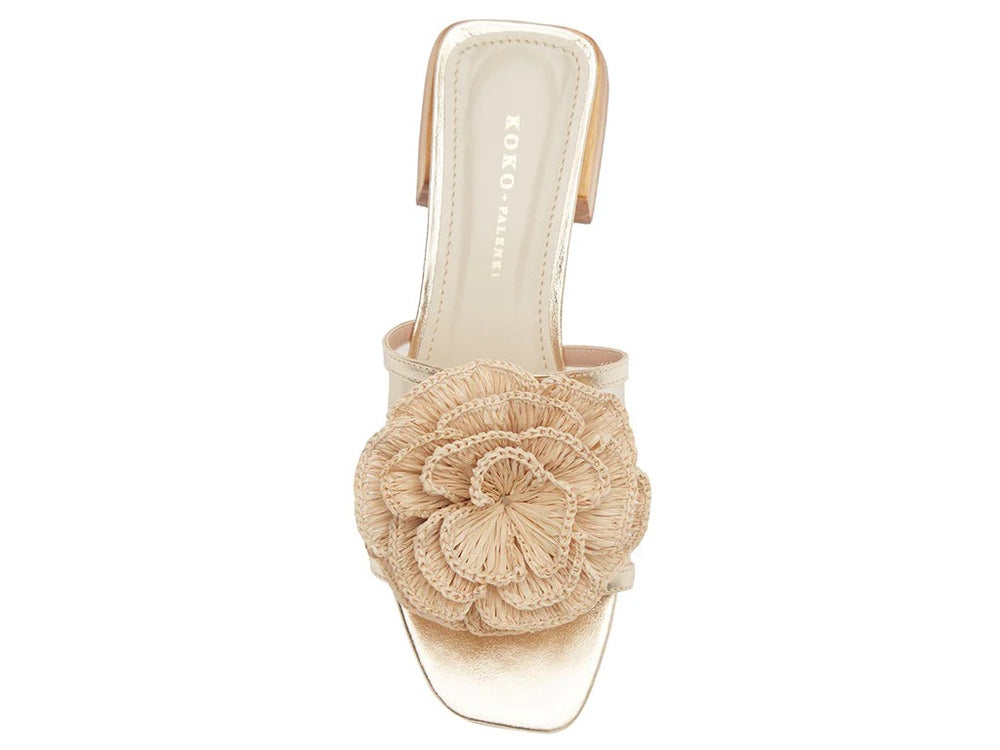 Koko & Palenki Ana Gold Raffia Sandal with woven straps and ankle tie, stylish accessories for warm-weather outfits.