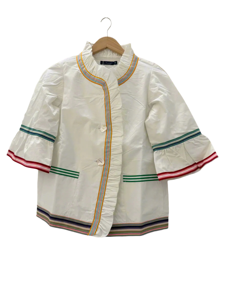 White ruffle jacket from La Plage, stylish tops with feminine ruffle details, perfect for casual or dressy occasions.