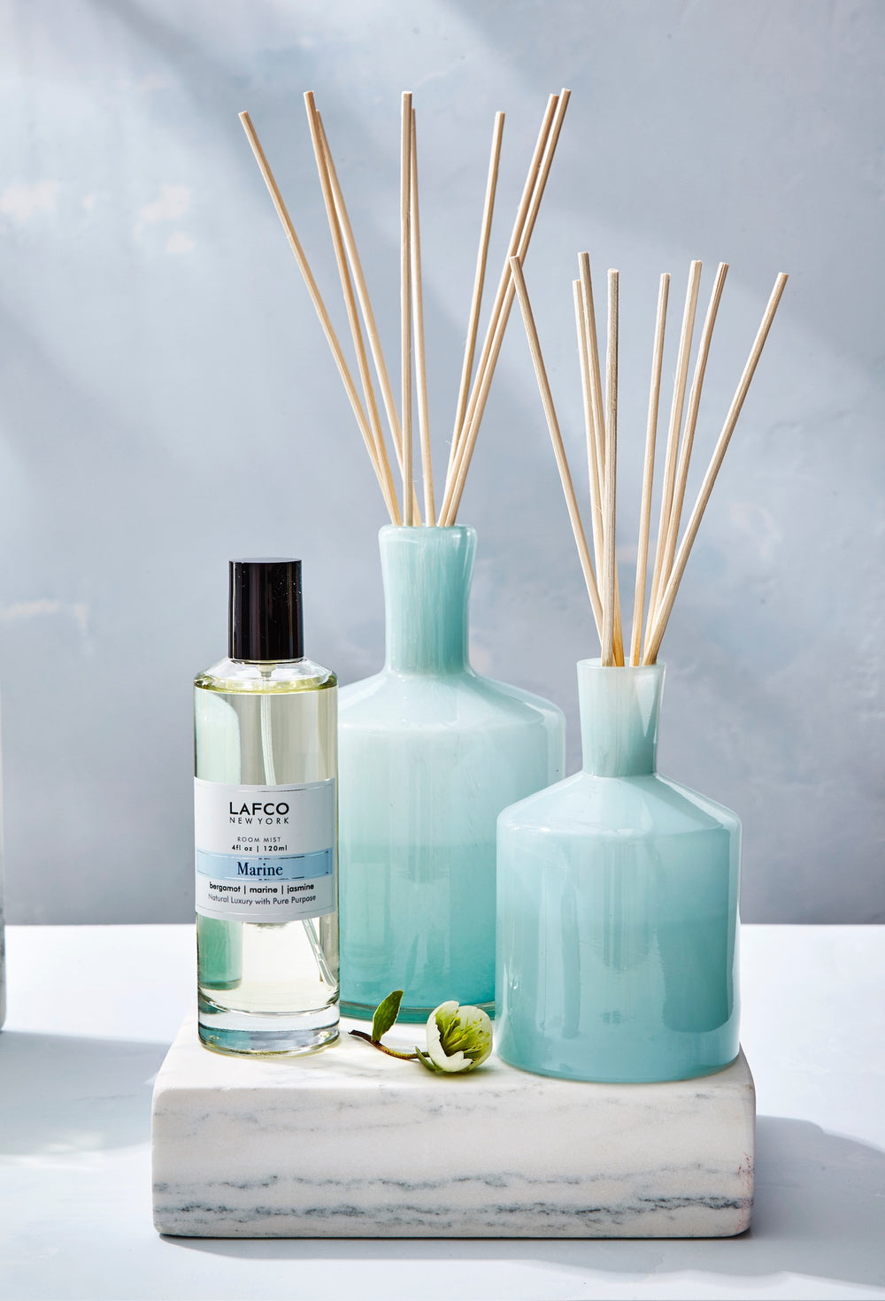 Lafco 6oz home diffuser with elegant glass bottle and reed sticks for a stylish, aromatic room fragrance.