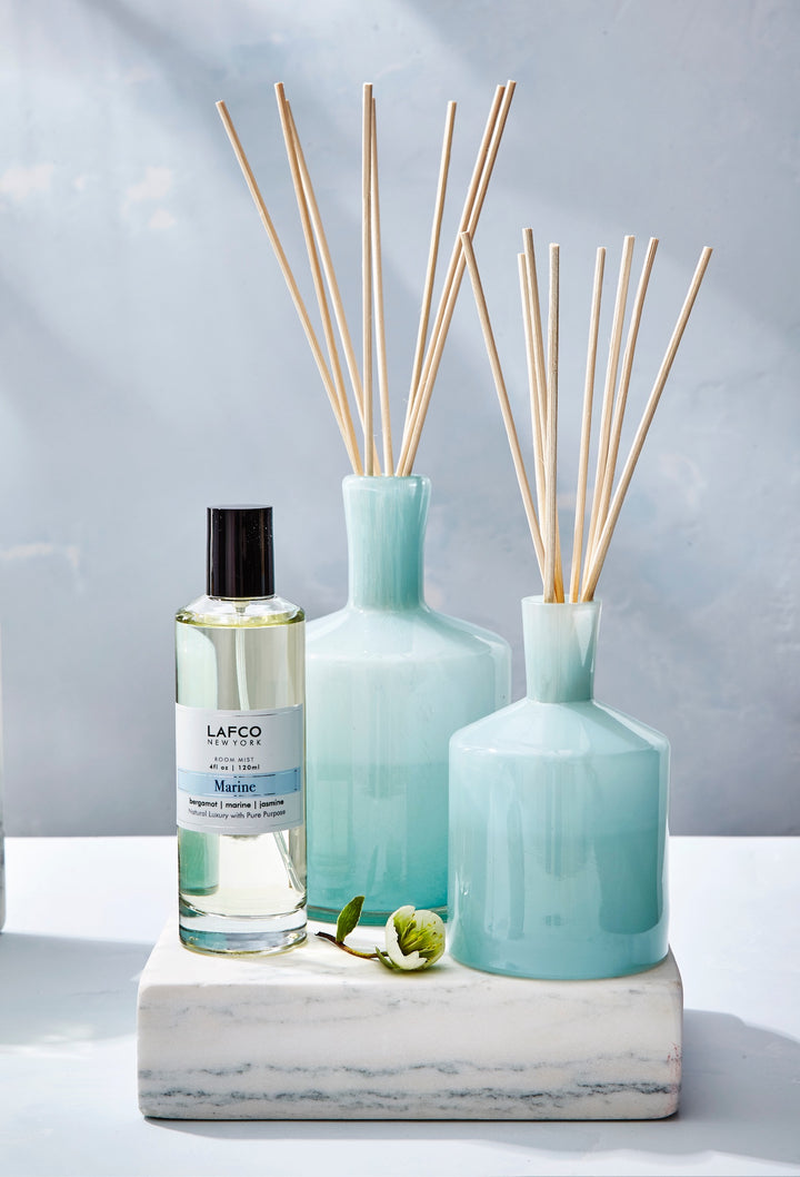 Lafco 6oz home diffuser with elegant glass bottle and reed sticks for a stylish, aromatic room fragrance.