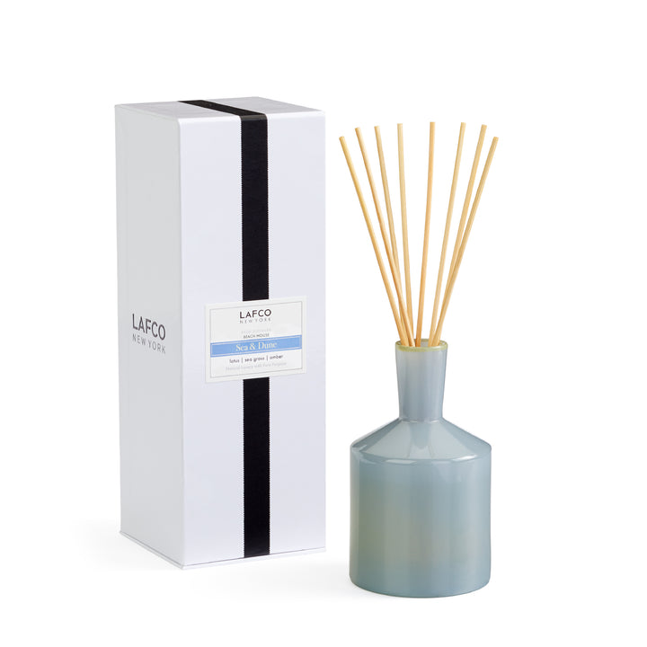 Lafco 6oz diffuser in a clear glass bottle with reed sticks, designed for home fragrance and ambiance.