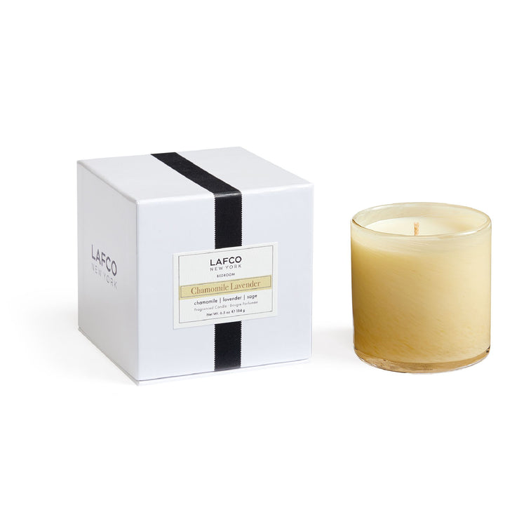 Lafco 15.5oz chamomile and lavender scented home candle in a glass jar, showcasing the elegant candle design.