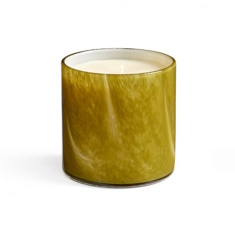 Lafco 15.5oz home candle with a sleek glass container and a lit wick, creating a warm and inviting ambiance.