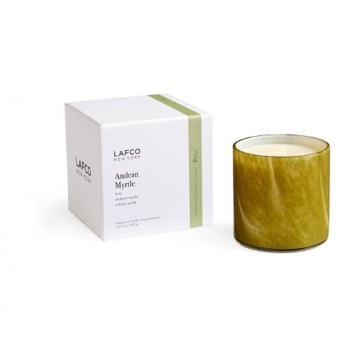 Lafco 15.5oz home candle with a sleek glass holder and white wax, perfect for adding ambiance to living spaces.