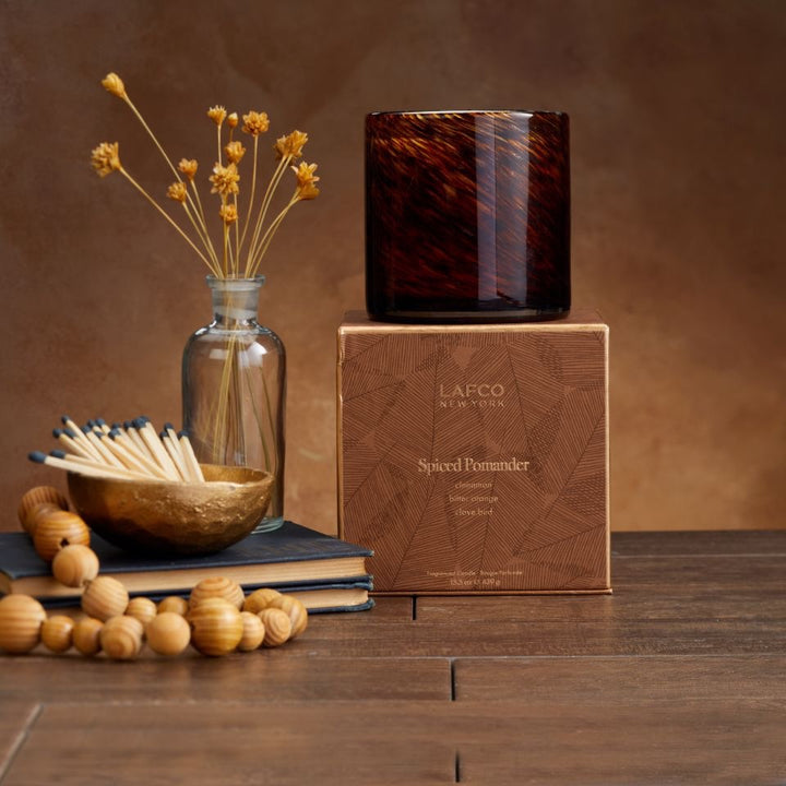Lafco 15.5oz home candle in a clear glass jar with a white wax interior, designed for elegant home decor and ambiance.