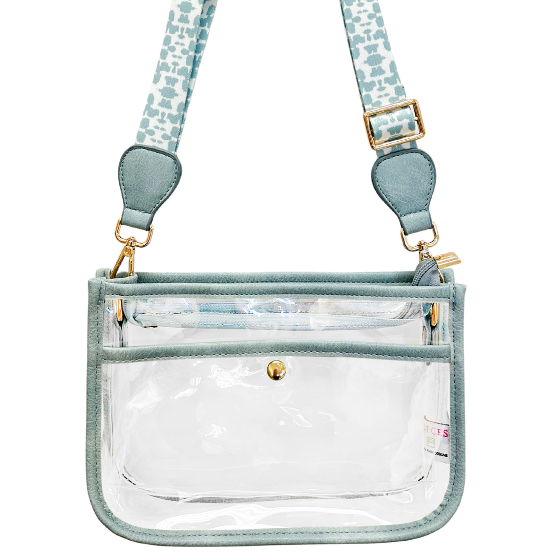 Clear stadium bag by Laura Park Designs for accessories, showing transparent material and sturdy handles.