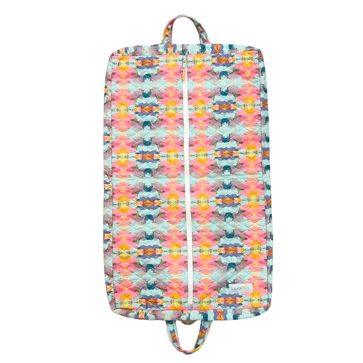 Laura Park Designs Antigua Smile garment bag, stylish travel gift with vibrant pattern and durable fabric for clothing protection.