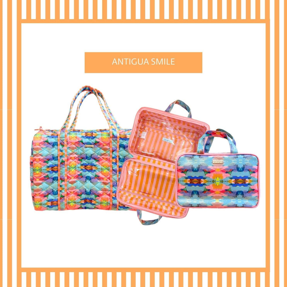 Laura Park Designs Antigua Smile travel bag, a stylish gift bag with colorful smile design for travel or gifting purposes.