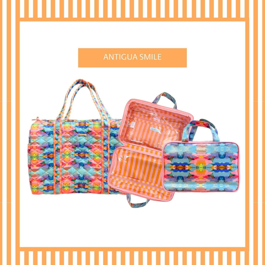 Laura Park Designs Antigua Smile travel case, gift-ready, featuring a vibrant, colorful design perfect for organizing travel essentials.