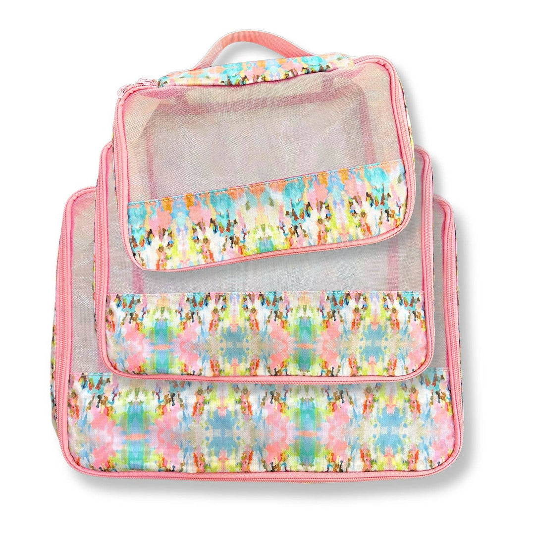 Laura Park Designs Brooks Avenue Packing Cubes in Lemon Cabana, compact travel organizers with vibrant pattern for efficient packing.