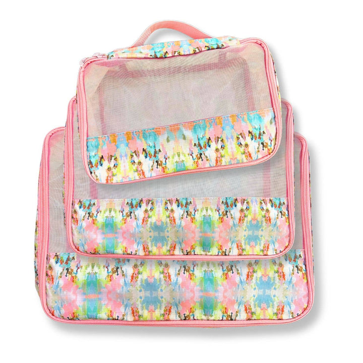 Laura Park Designs Brooks Avenue Packing Cubes in Lemon Cabana, compact travel organizers with vibrant pattern for efficient packing.