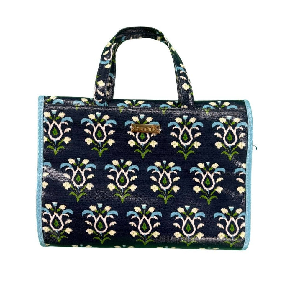 Rosemary Indigo hanging travel case by Laura Park Designs, compact gift organizer with a stylish indigo pattern.