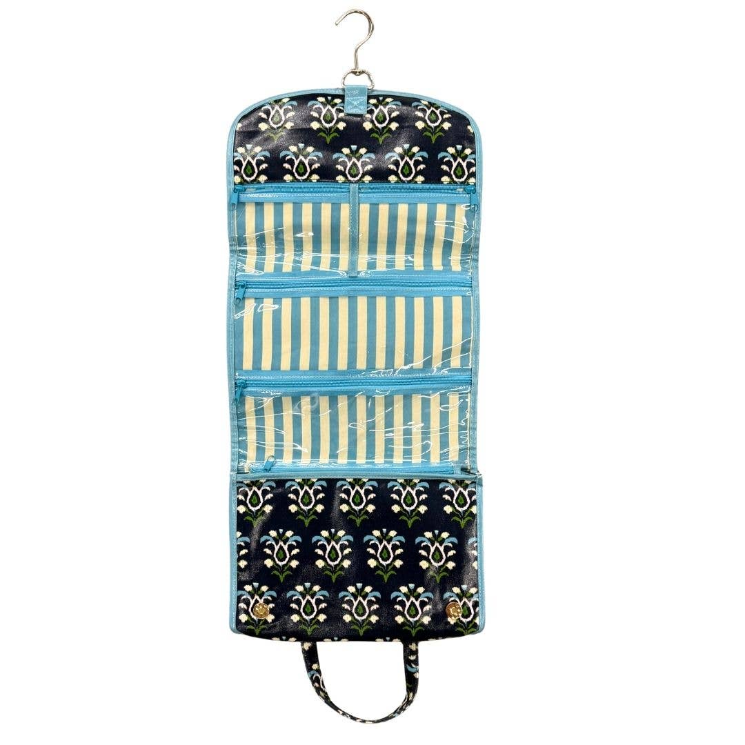 Rosemary Indigo hanging travel case by Laura Park Designs, stylish gift with compartments for organizing travel essentials.