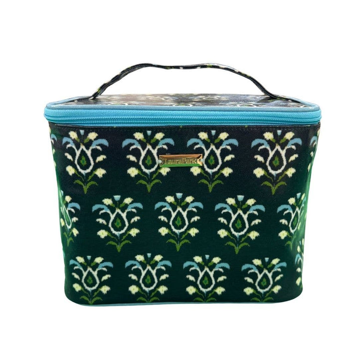 Rosemary Indigo train case gift from Laura Park Designs with floral pattern and sturdy handle for travel or storage.