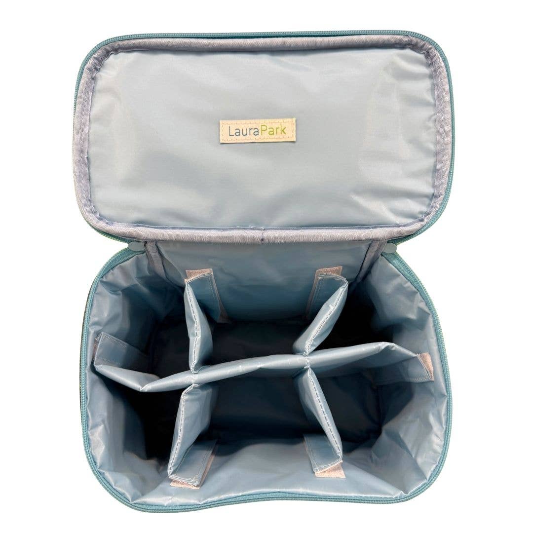 Rosemary Indigo train case by Laura Park Designs, a stylish gift storage box with a blue and white patterned design.